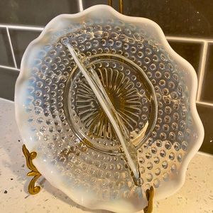 VINTAGE ANCHOR HOCKING HOBNAIL MOONSTONE DIVIDED BOWL 1941-1946 - EUC!